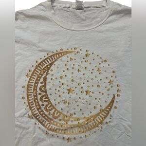 Vintage Y2K Gold Moon & Stars Women’s White Graphic T-Shirt Size‎ Large